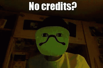 a person wearing a white mask with a mustache and the words no credits
