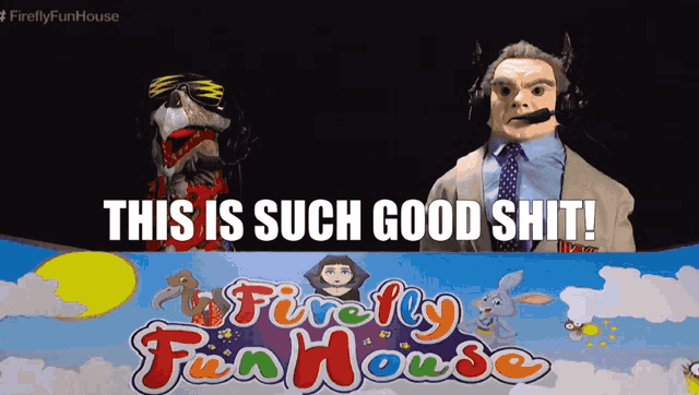 a firefly funhouse sign with a man and a puppet behind it