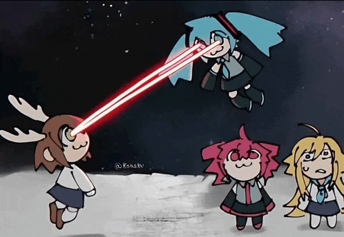a cartoon drawing of a girl with antlers shooting a red laser at another girl