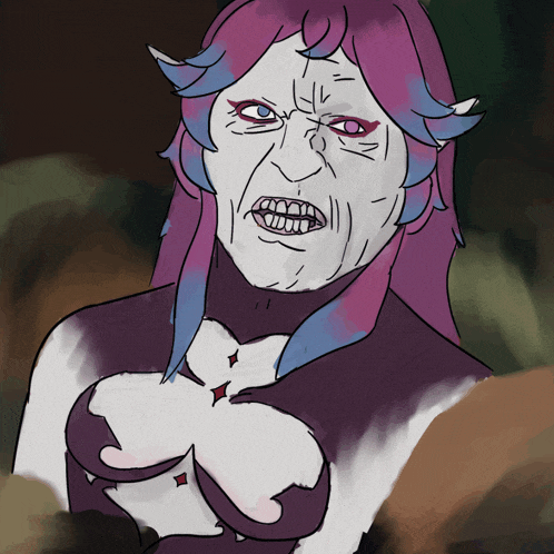 a drawing of a woman with purple and blue hair and white skin