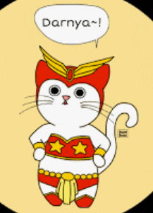 a cartoon cat in a superhero costume with darnya written in a speech bubble