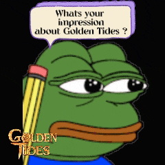 a green frog holding a pencil with a speech bubble that says whats your impression about golden tides