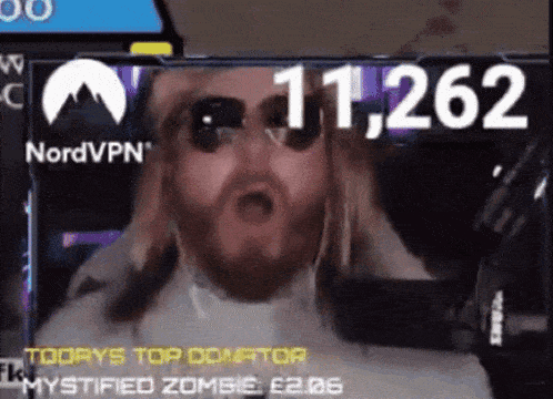 a man wearing sunglasses and a white turtleneck stands in front of a screen that says 11,262