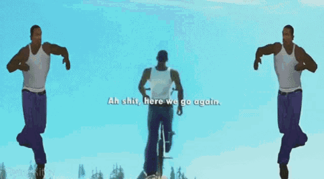 a man in a white tank top is running down stairs .