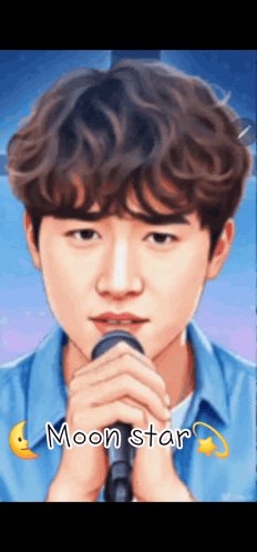 a cartoon of a young man singing into a microphone with the words moon star written below him