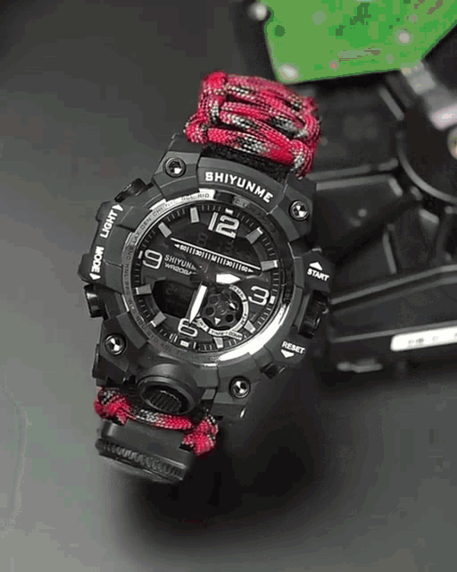 a black and red watch that says shiyunme on it