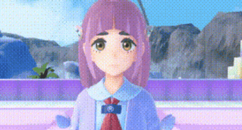 a cartoon girl with purple hair and green eyes is standing in front of a waterfall in a video game .