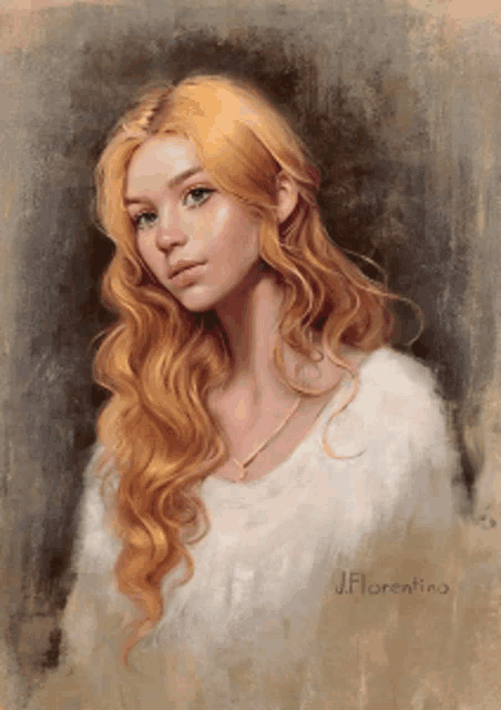 a painting of a woman with long red hair and the name florentino on the bottom