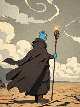 a cartoon drawing of a wizard with a cane