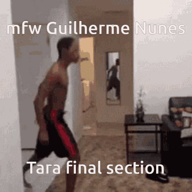 a man without a shirt is jumping in a hallway with the words tara final section written on the bottom