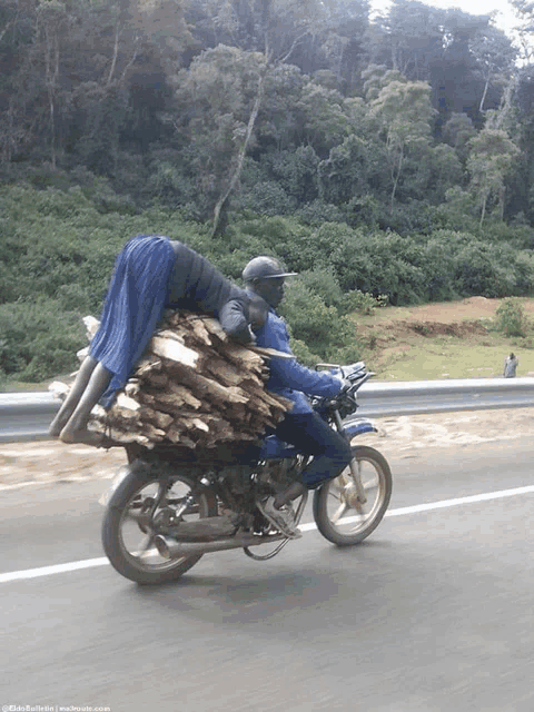 a man riding a motorcycle with a large pile of logs on his back