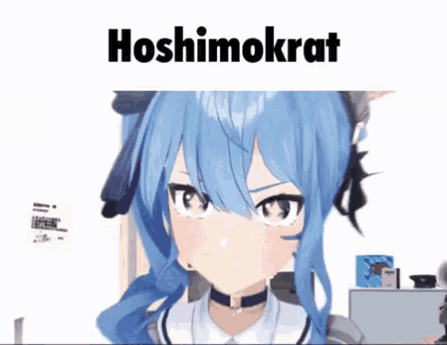 a 3d anime girl with blue hair is making a funny face with the words hoshimokrat written above her .