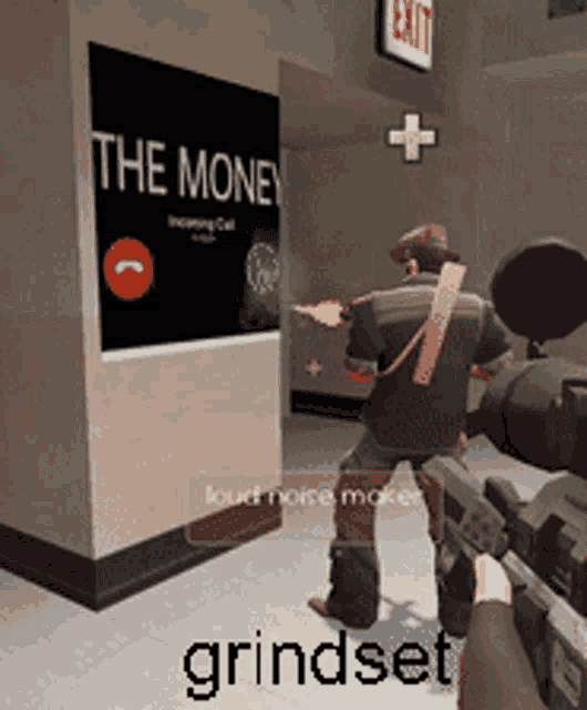 a man is holding a gun in front of a sign that says " the money "