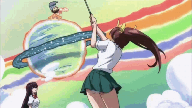 a girl is swinging a golf club in front of a rainbow