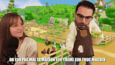 a man in an apron is standing next to a woman in front of a cartoon farm scene