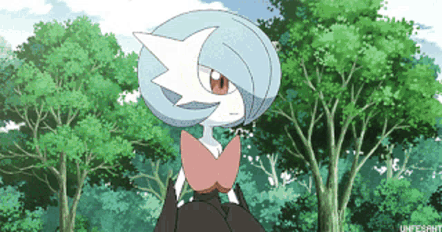 a cartoon character with a large head is standing in front of a forest