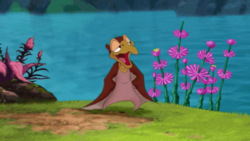 a cartoon character is standing in a field with purple flowers