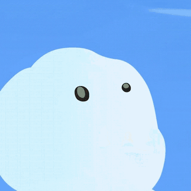 a cartoon drawing of a cloud with black eyes and a green hat