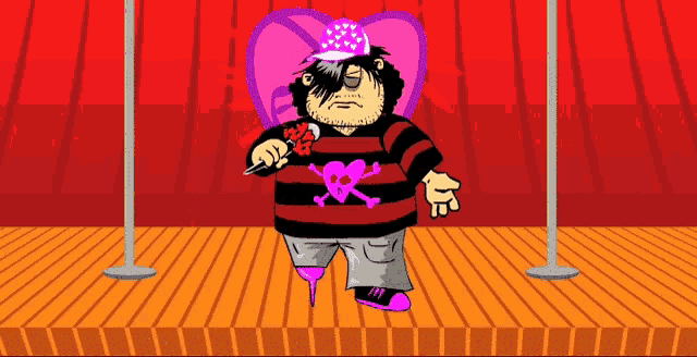 a cartoon drawing of a man holding a microphone with a heart on his shirt