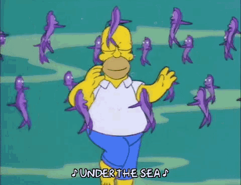 homer simpson is dancing under the sea surrounded by purple sharks .