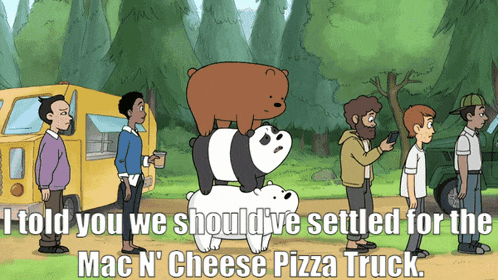 a cartoon of a group of people standing in front of a yellow food truck