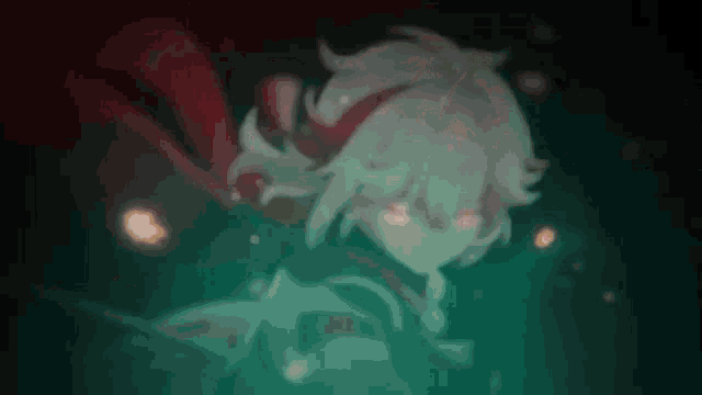 a blurred image of a girl with red eyes and a red scarf around her neck .