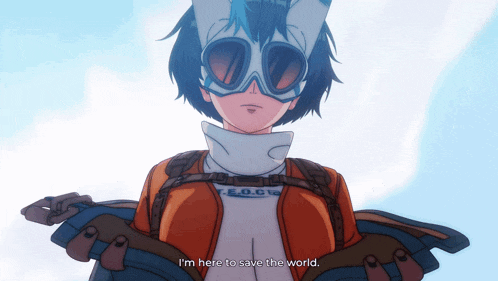 a cartoon character says " i 'm here to save the world " in front of a blue sky