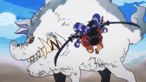 a cartoon drawing of a man riding on the back of a white animal