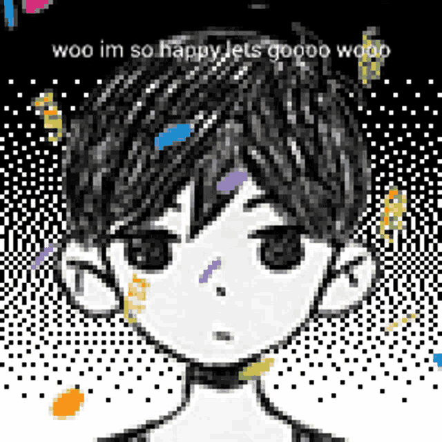 a pixel art of a boy with the words woo im so happy let 's gooo wooo