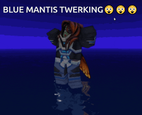 a picture of a blue mantis twerking on a blue background