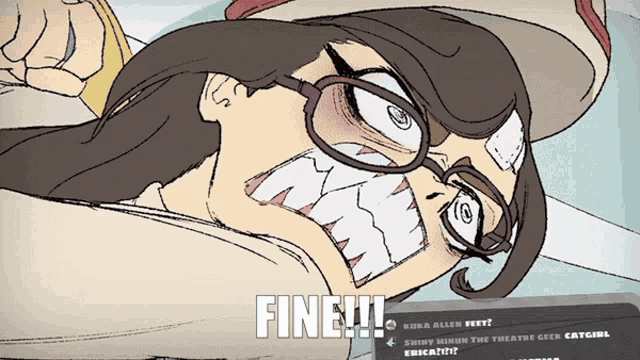a cartoon drawing of a woman with glasses and a hat says fine