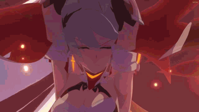 a cartoon character with a red background and the word neon on the bottom