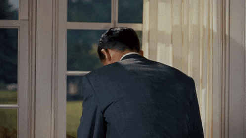 a man in a suit stands in front of a window