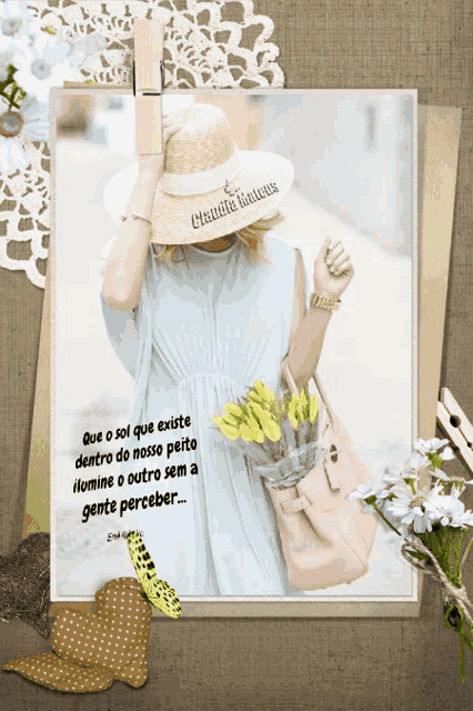 a picture of a woman holding a bouquet of yellow flowers with a quote in the corner that says que o sol que existe