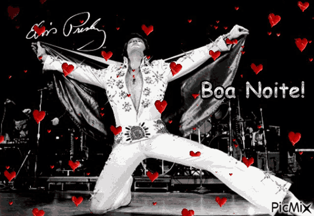 a black and white photo of elvis presley is surrounded by red hearts and says boa noite