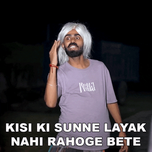 a man wearing a wig and a purple shirt with the words kisi ki sunne layak nahi rahoge bete