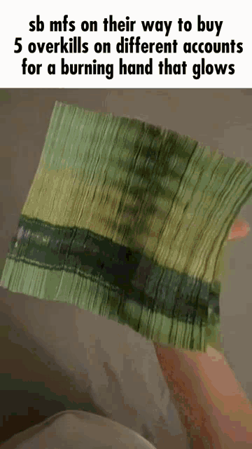 a person is holding a piece of paper that says sb mfs on their way to buy 5 overkills