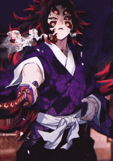 a purple and red anime character is holding a sword