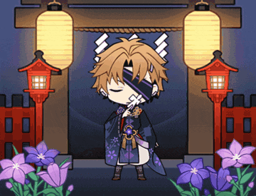 a boy in a kimono stands in front of purple flowers and lanterns
