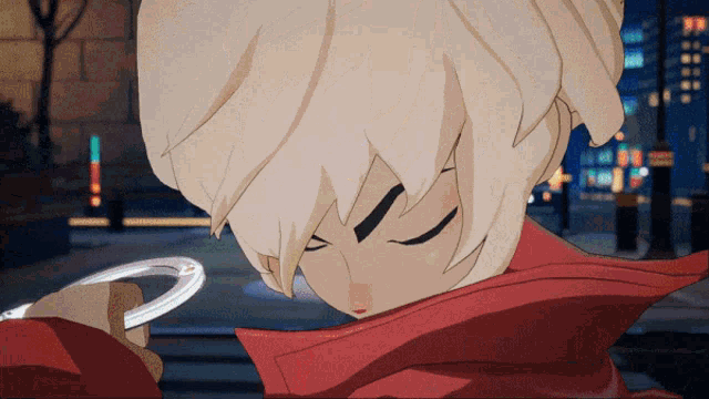 a close up of a cartoon character with a red jacket