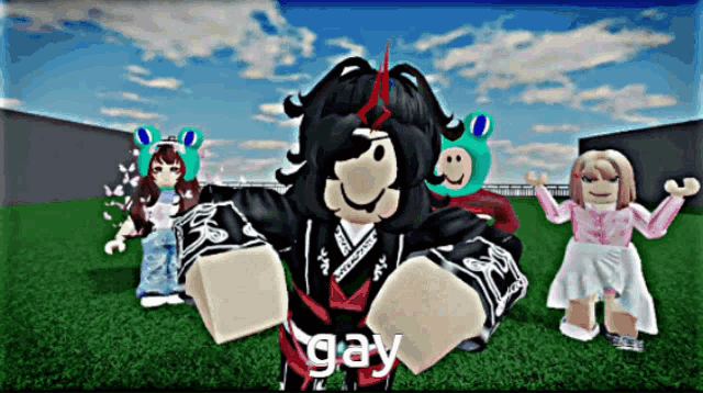 a group of roblox characters are posing for a picture and one of them is wearing a frog hat and says gay
