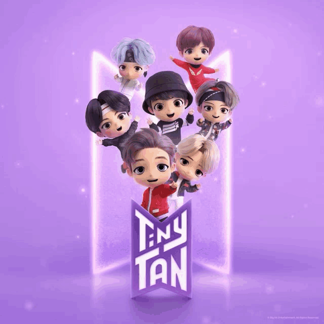 a group of cartoon characters are standing in front of a logo that says tiny tan