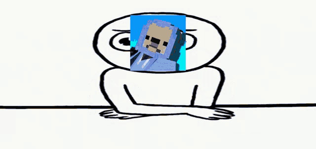 a cartoon drawing of a person holding a picture of a dog
