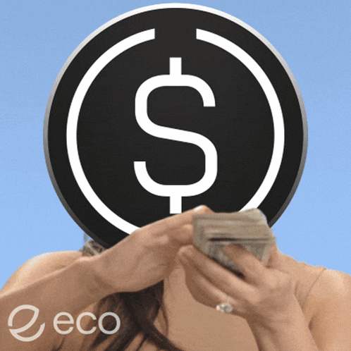 a woman holding a stack of money with a dollar sign on her face