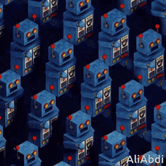 a seamless pattern of blue robots with the name aliabdi on the bottom right
