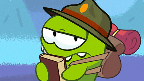 a green cartoon character wearing a hat and carrying a backpack is reading a book