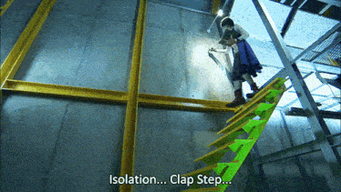a woman is walking up a set of green stairs with the words isolation clap step below her