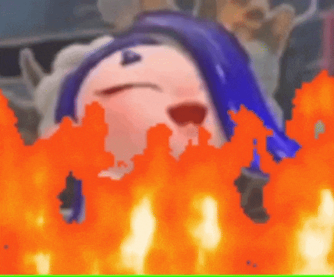 a cartoon character with blue hair is surrounded by flames and fire .
