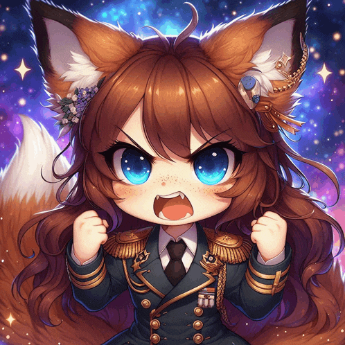 a girl with a fox 's ears is wearing a military uniform and has her fist in the air