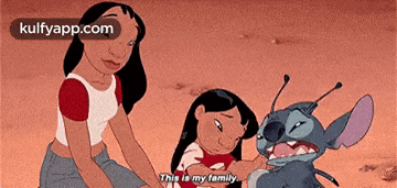 a cartoon of a woman sitting next to a child and a stitch that says this is my family